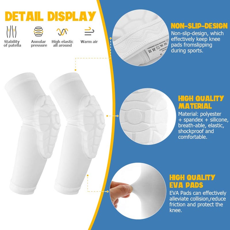 AceList Kids/Youth 5-15 Years Sports honeycomb Compression Knee Pad Elbow Pads Guards Protective Gear for Basketball, Baseball, Football, Volleyball, Wrestling, Cycling (White) - Image 2